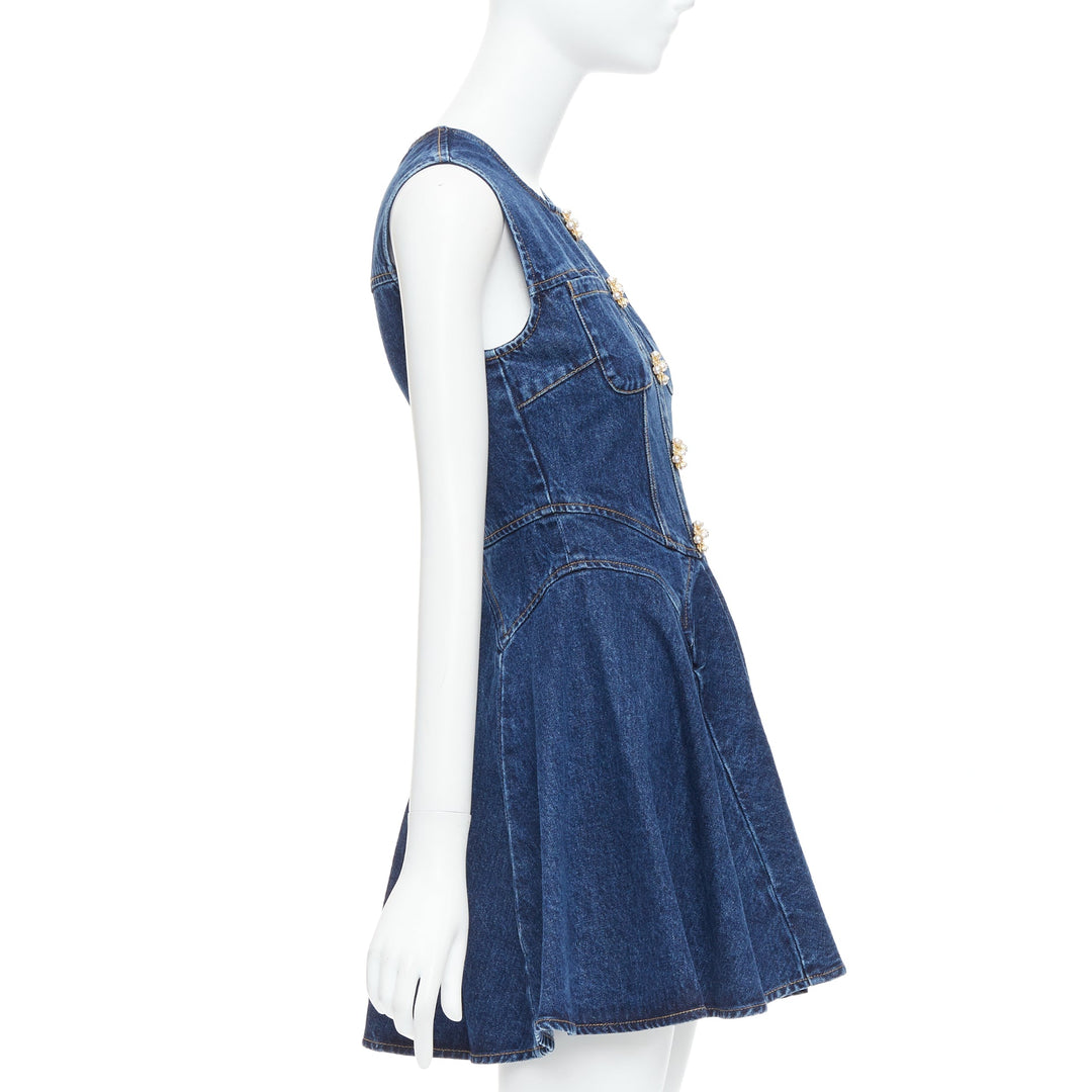 SELF PORTRAIT 2024 Denim Skater blue cotton gold buttons mnini dress UK6 XS