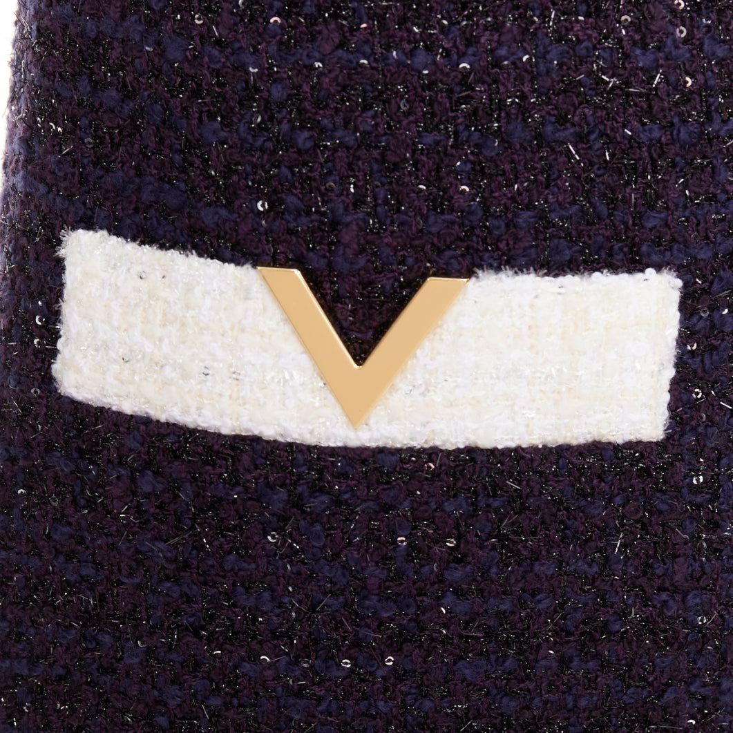 VALENTINO 2023 Retro Mini cream navy boucle tweed V logo mini dress IT38 XS
