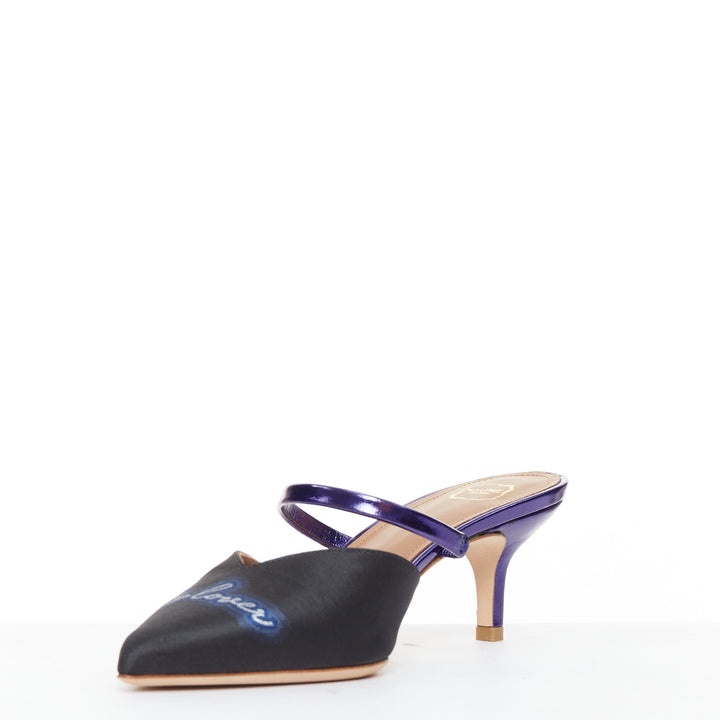 MALONE SOULIERS Marla Hey Lover blue black brocade satin strapped mules EU37