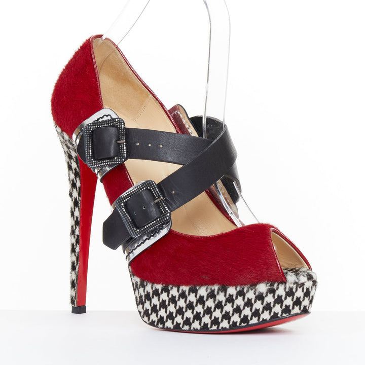CHRISTIAN LOUBOUTIN Bikiki 140 red houndstooth calf hair platform heels EU38