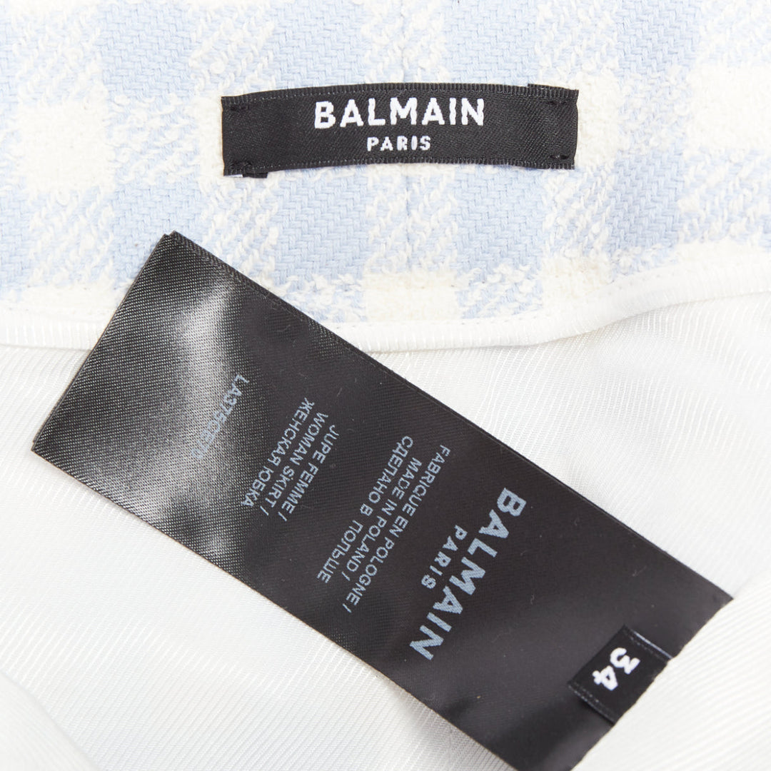 BALMAIN light blue white checked cotton tweed cargo pocket skirt FR34 XS