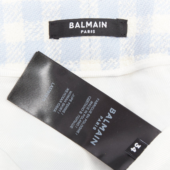 BALMAIN light blue white checked cotton tweed cargo pocket skirt FR34 XS