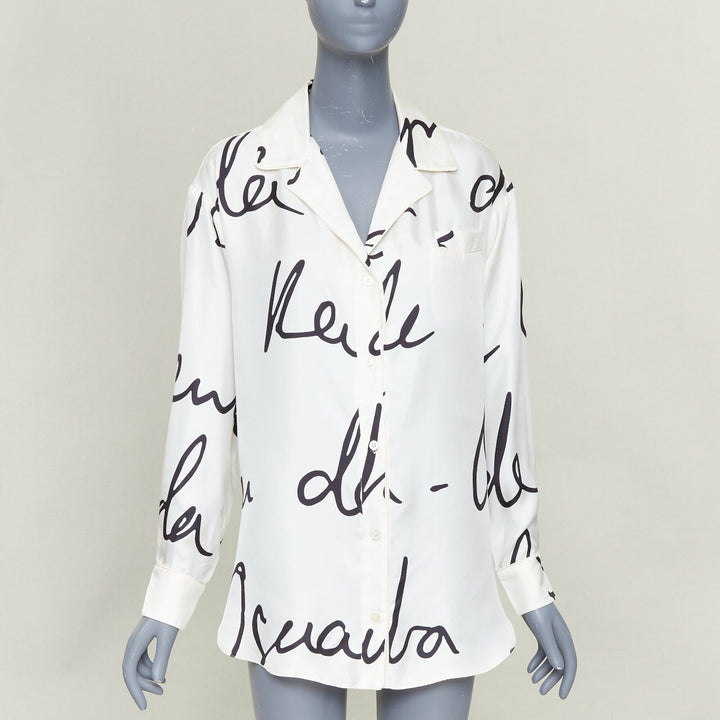 OSCAR DE LA RENTA C21 Runway black cursive script print white silk shirt top XS