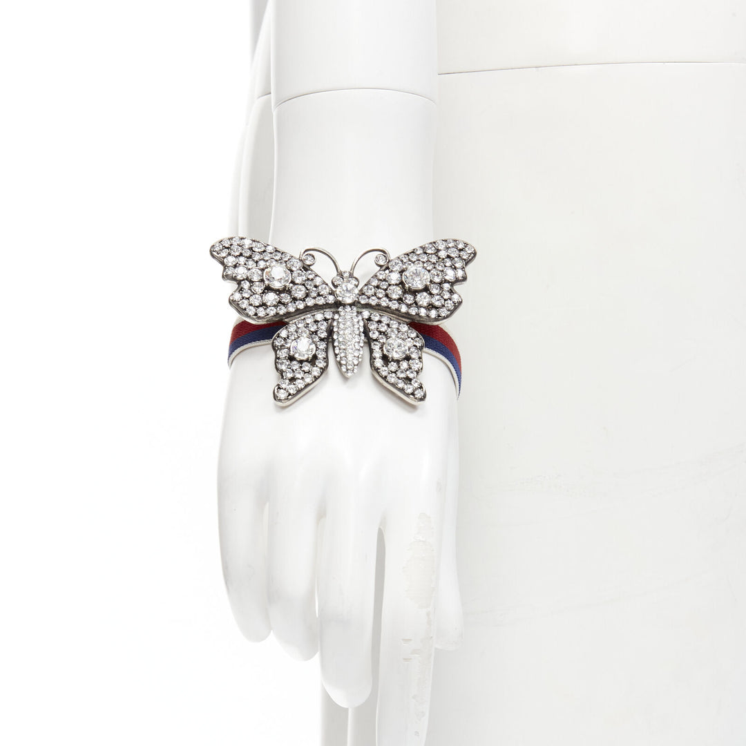 GUCCI ALESSANDRO MICHELE antique silver crystal Butterfly web strap bracelet