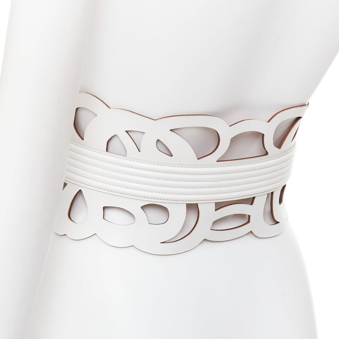 ALAIA  white leather romantic swirl laser cut out corset wide belt 65cm