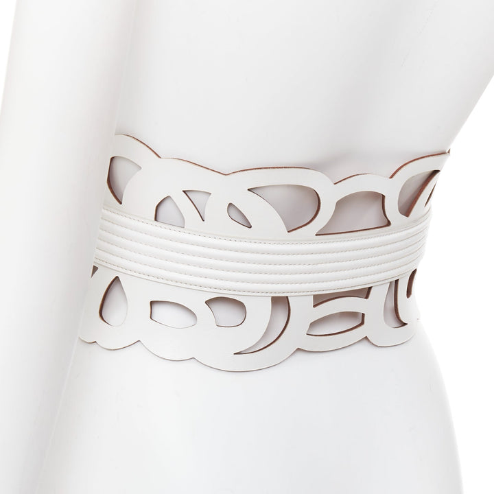 ALAIA  white leather romantic swirl laser cut out corset wide belt 65cm