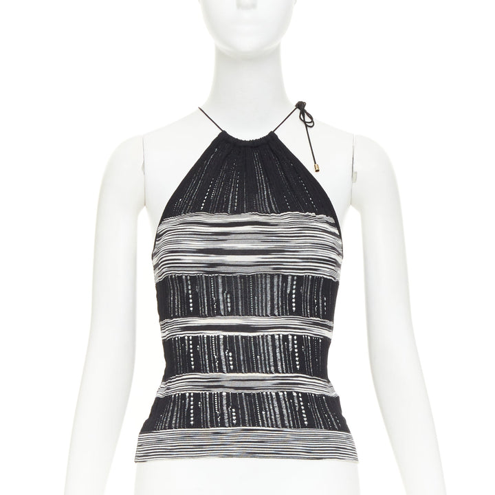 MISSONI black white cotton multi horizontal striped open knit halter top IT38 XS