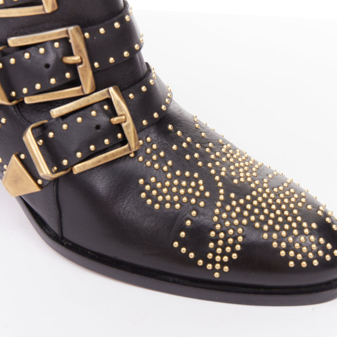 CHLOE Susanna black leather gold floral studded buckles grunge ankle boots EU36
