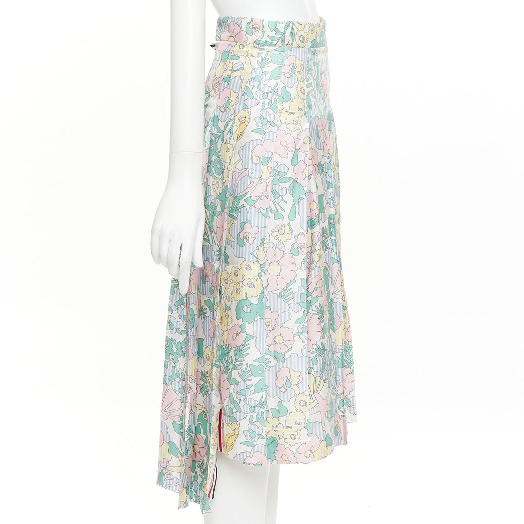 THOM BROWNE green pink yellow silk floral marine motif midi skirt IT36 XXS