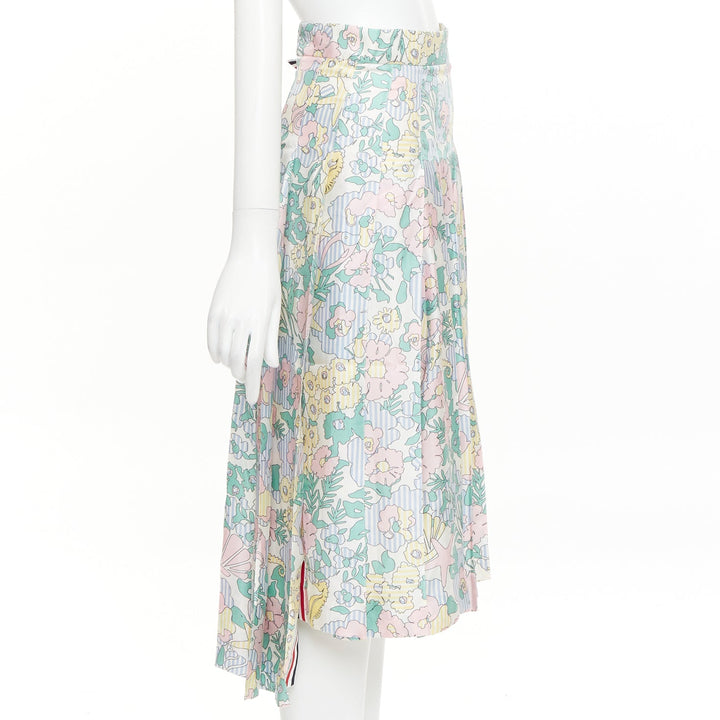 THOM BROWNE green pink yellow silk floral marine motif midi skirt IT36 XXS
