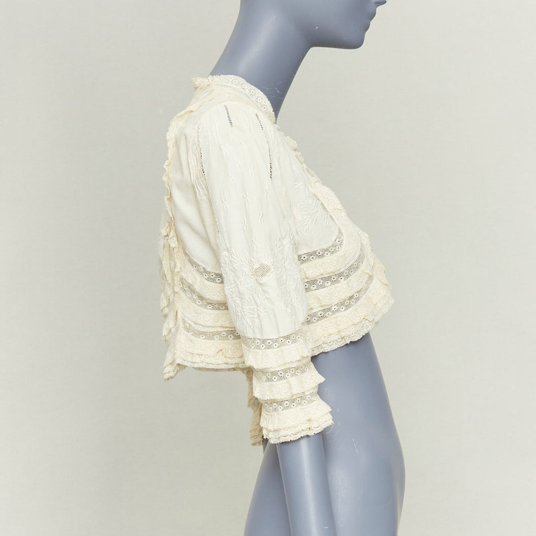 ANNA SUI cream cotton intricate lace floral embroidery ruffle trim bolero jacket