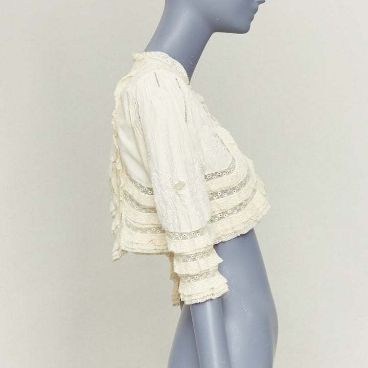 ANNA SUI cream cotton intricate lace floral embroidery ruffle trim bolero jacket