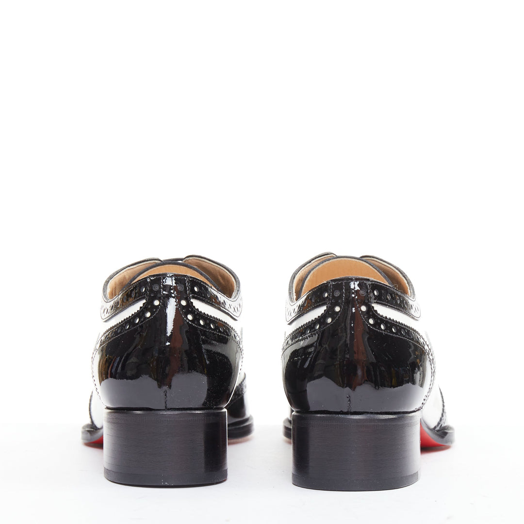 CHRISTIAN LOUBOUTIN Zazou Fiori Flat Patent black white point toe brogue EU38.5