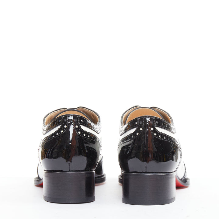 CHRISTIAN LOUBOUTIN Zazou Fiori Flat Patent black white point toe brogue EU38.5