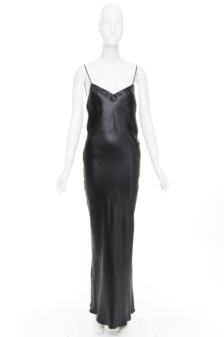SAINT LAURENT 2023 Runway black iridescent satin plunge cowl back dress FR42 XL