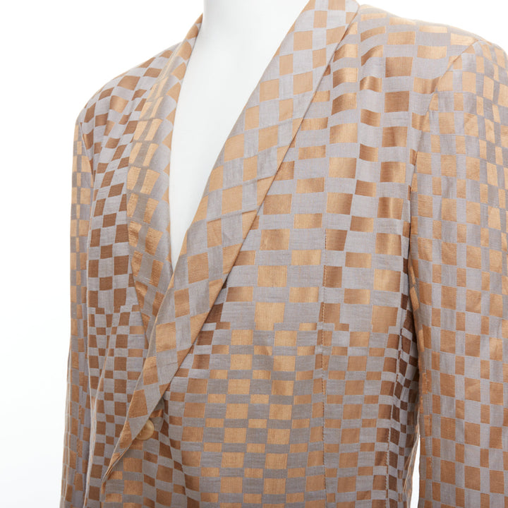 rare HAIDER ACKERMANN 2015 Runway gold silver checkered linen silk blazer XL