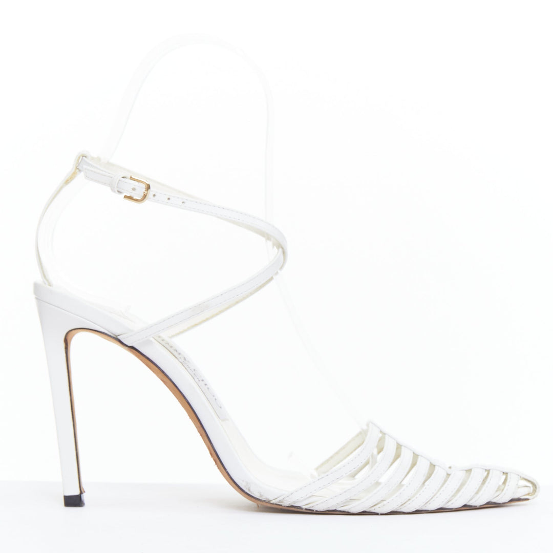 JIMMY CHOO Tamai 100 white leather caged toe criss cross sandals EU36.5