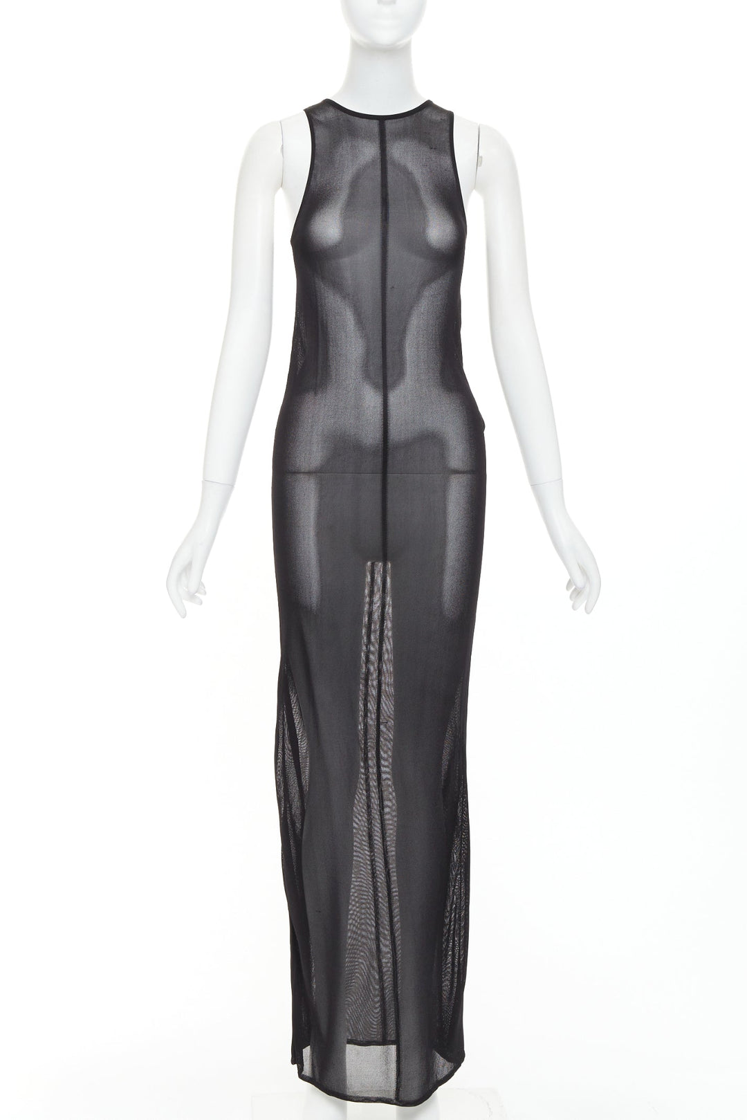 SAINT LAURENT 2023 Runway black slinky viscose semi sheer knit maxi tank dress S