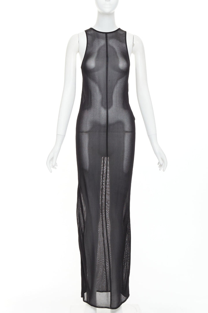 SAINT LAURENT 2023 Runway black slinky viscose semi sheer knit maxi tank dress S