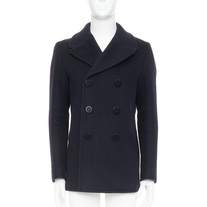 TOM FORD navy 100% wool leather trim double breasted pea coat IT48 M