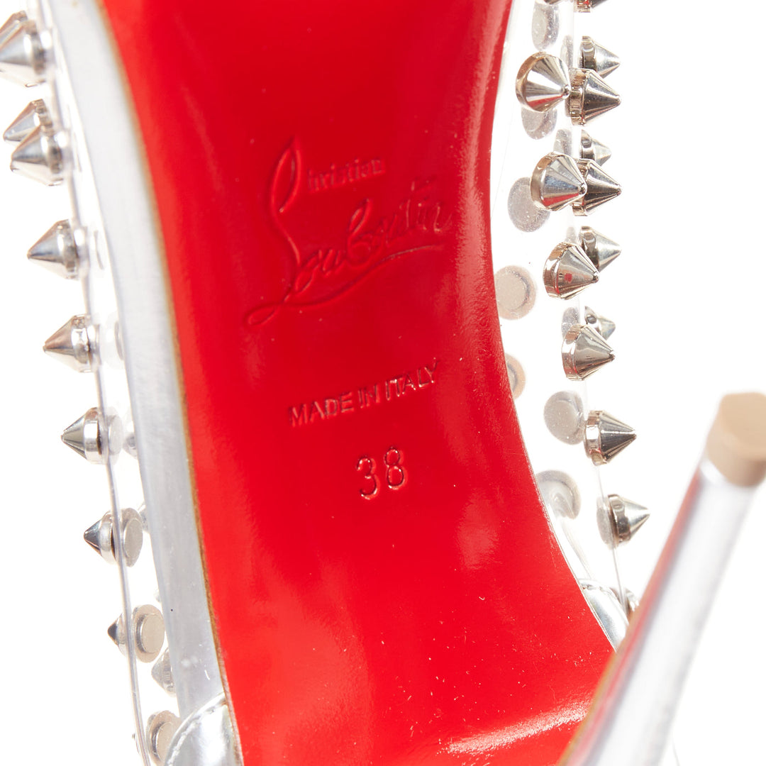 CHRISTIAN LOUBOUTIN Spike Me 100 Metal Gloss silver PVC spike stud pumps EU38