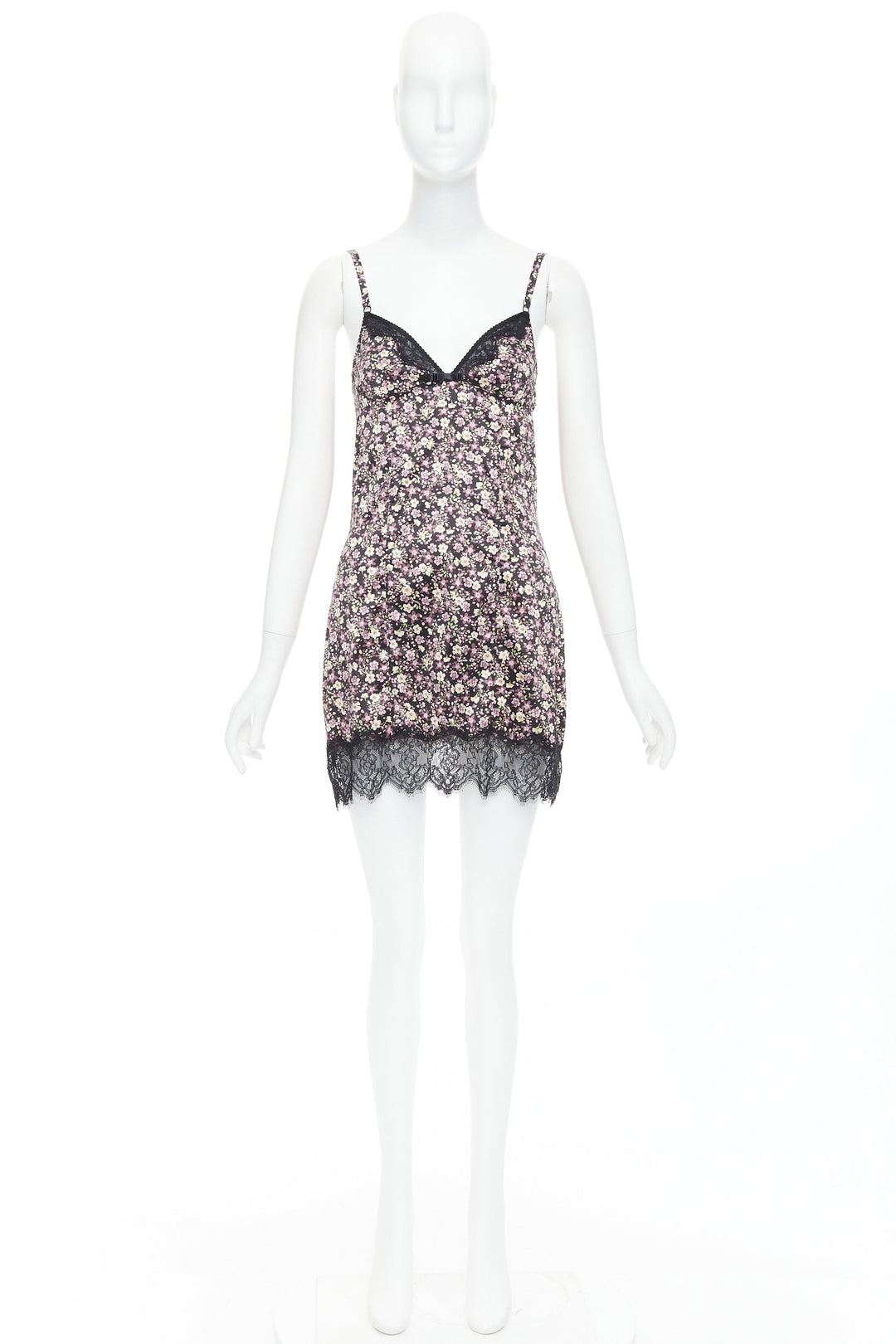 D&G DOLCE GABBANA Vintage pink green floral black bow lace trim slip dress M