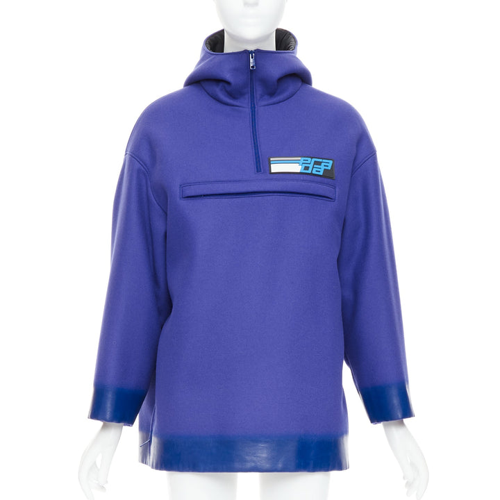 PRADA 2018 Runway blue virgin wool lacqured hem popover hoodie IT38 XSS