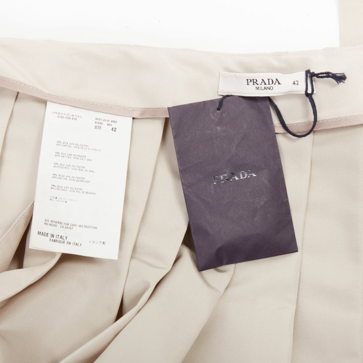 PRADA 2010 Vintage grey silk blend pleated leather buckles mini skirt IT42 M