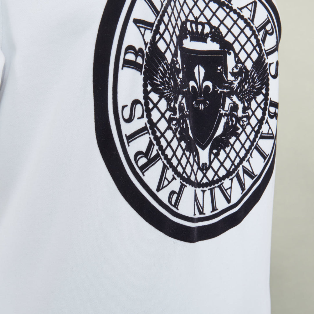 BALMAIN white cotton black flocked coin medallion logo raglan sweatshirt XXS