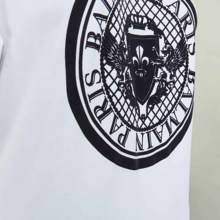 BALMAIN white cotton black flocked coin medallion logo raglan sweatshirt XXS