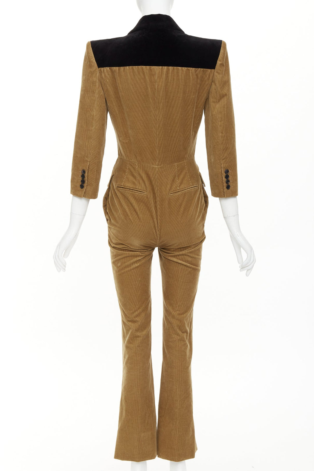 SAINT LAURENT 2022 Runway peak lapel brown cotton corduroy black jumpsuit FR34