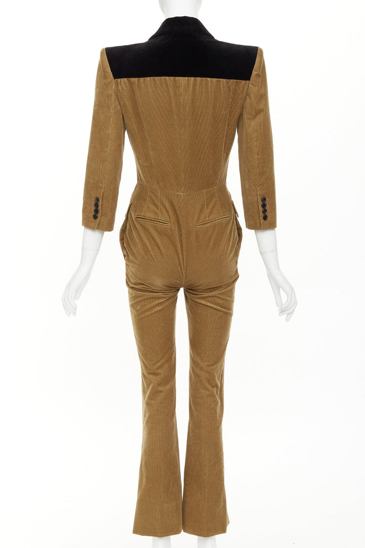 SAINT LAURENT 2022 Runway peak lapel brown cotton corduroy black jumpsuit FR34