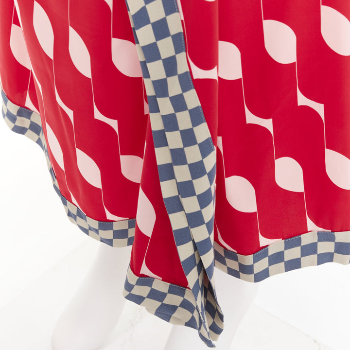 DRIES VAN NOTEN 2024 red silk geometric print wrap checkered midi skirt FR38 M
