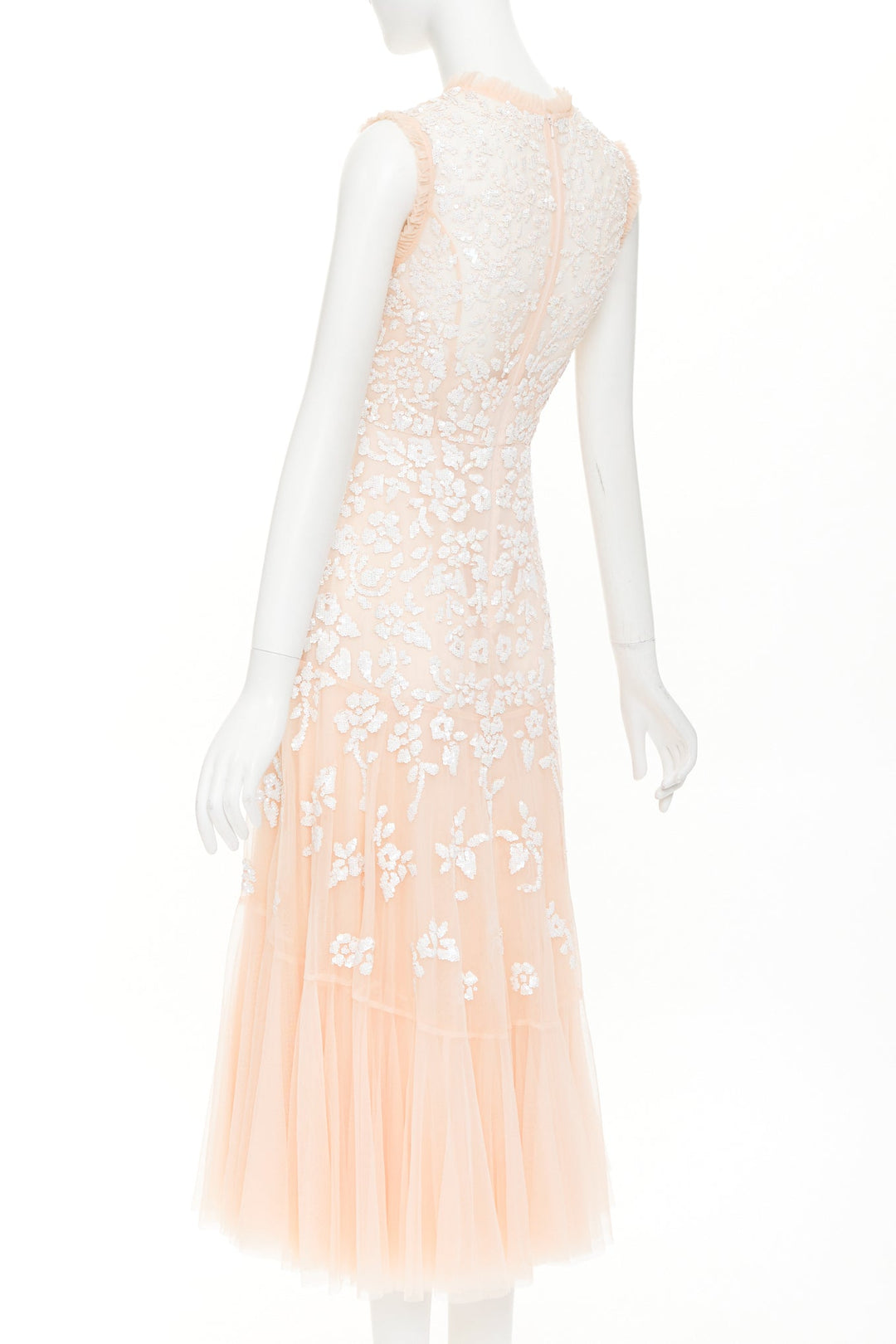 NEEDLE & THREAD Bridal blush pink white sequin ruffle edge midi dress UK8 S