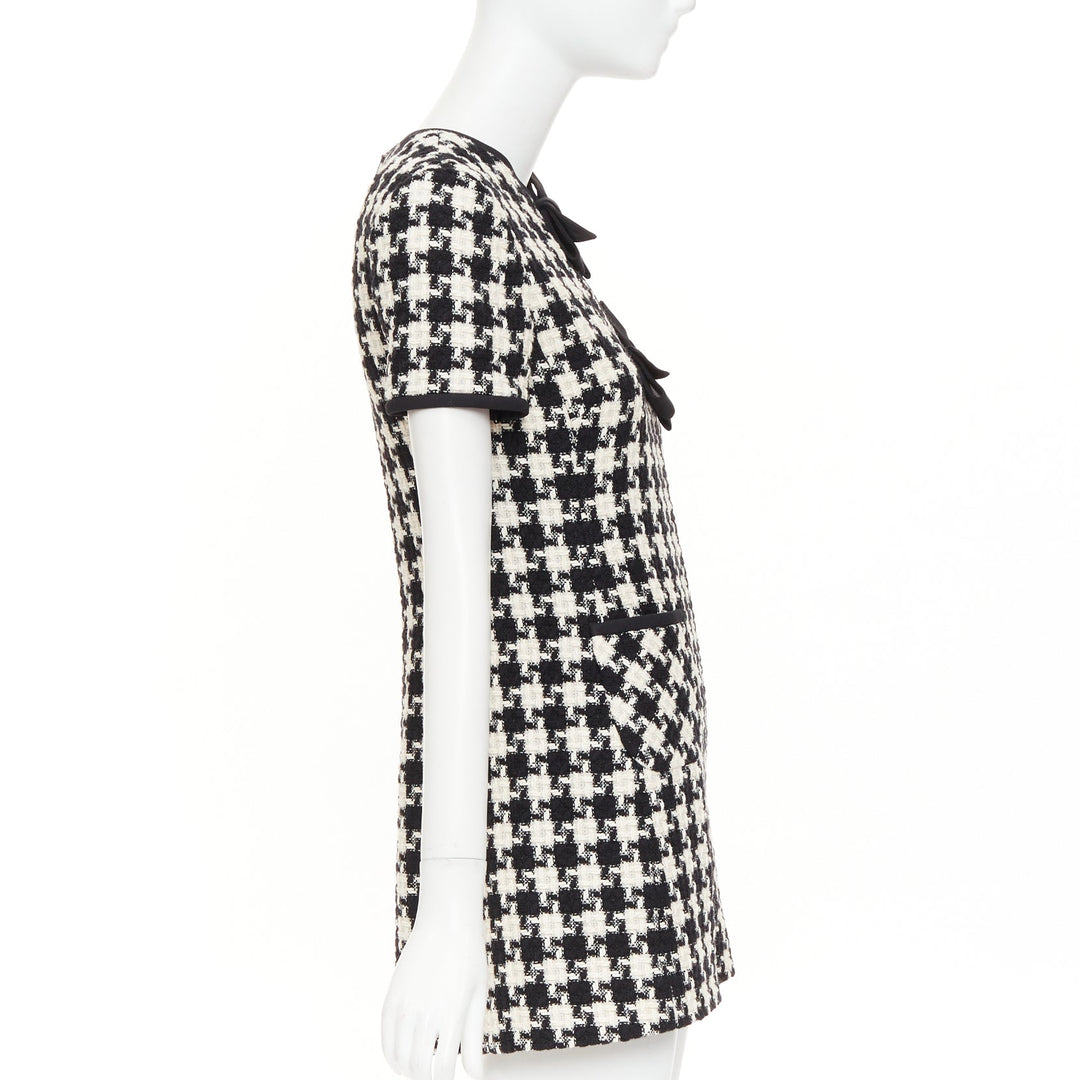 VALENTINO 2024 black white houndstooth tweed cutout bow mini dress IT40 S