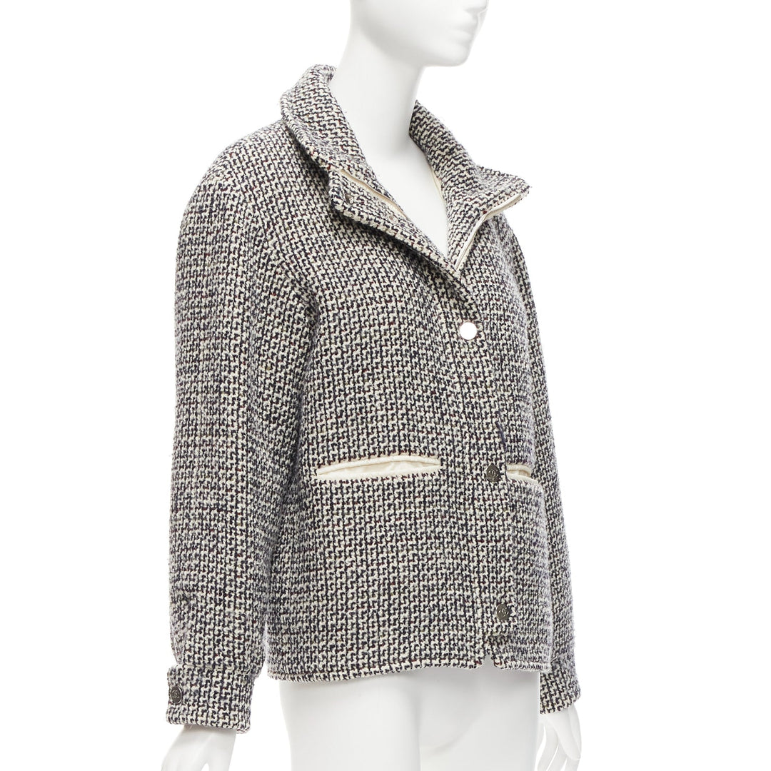 CHANEL Reversible black white wool tweed CC logo padded puffer jacket FR36 S