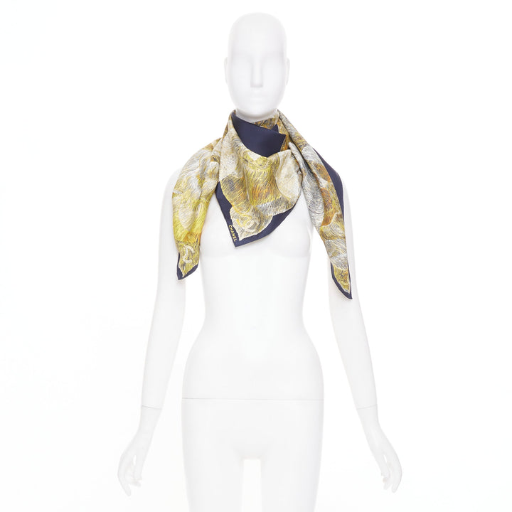 CHANEL navy gold graphic cc camellia logo print silk twill square scarf