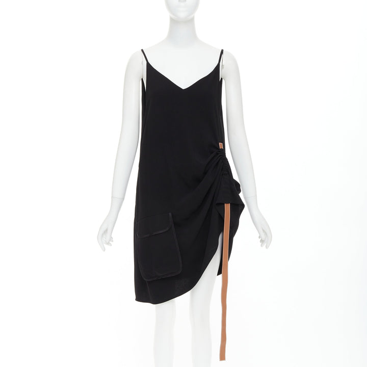 LOEWE black crepe brown anagram leather gathered side dress XS