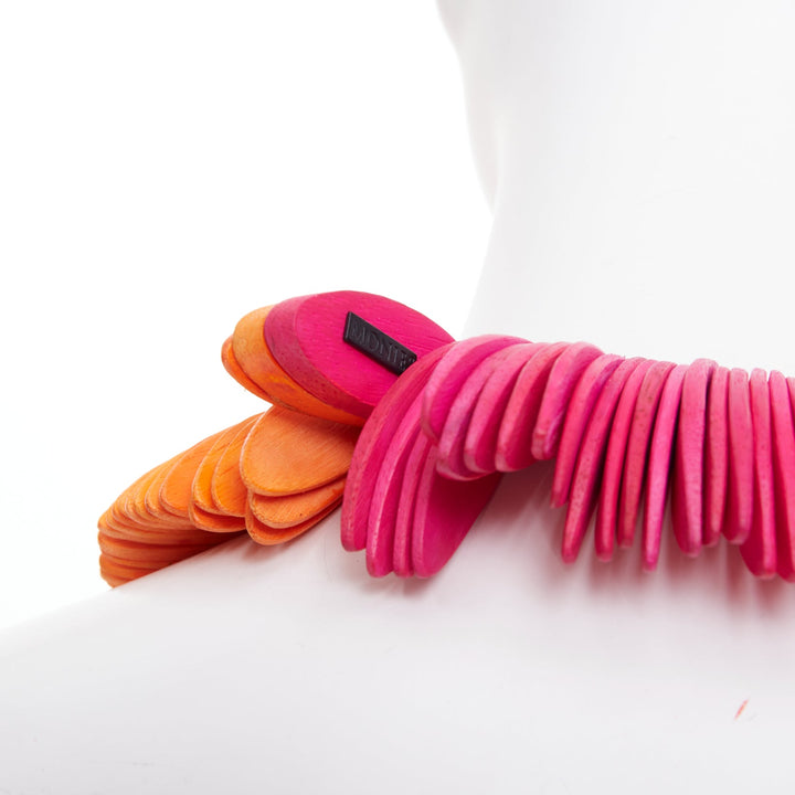 MONIES Gerda Lynggaard orange pink wood disc sculptural statement bib necklace