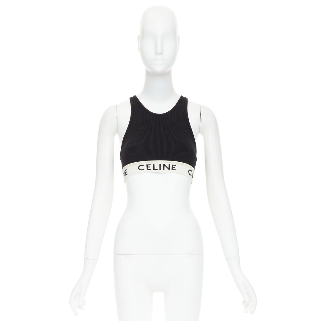 CELINE black cotton blend cream ribbed logo round neck bra top S Lisa Blackpink