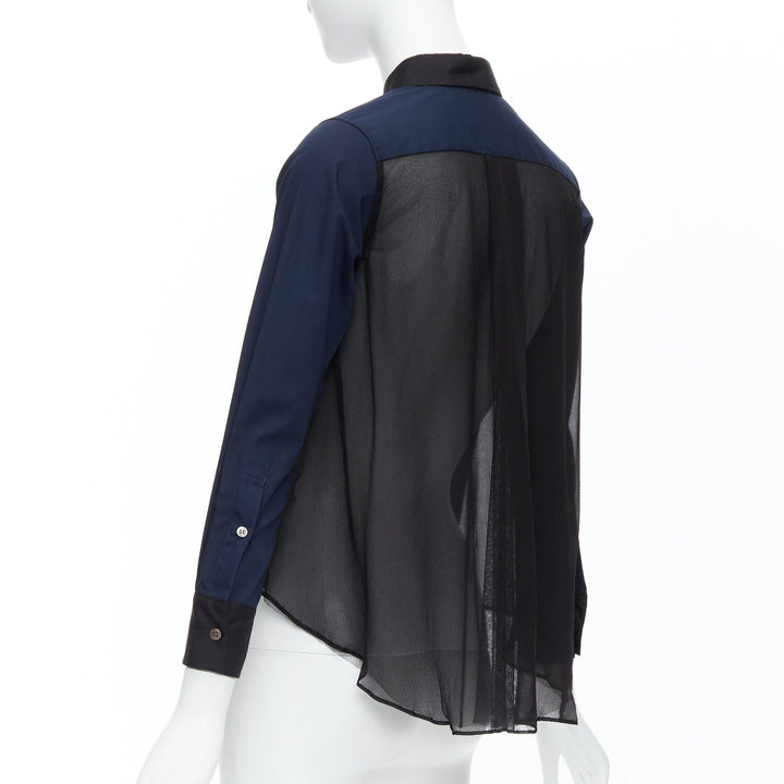 SACAI LUCK navy black sheer pleated flare mesh panel back shirt JP1 S