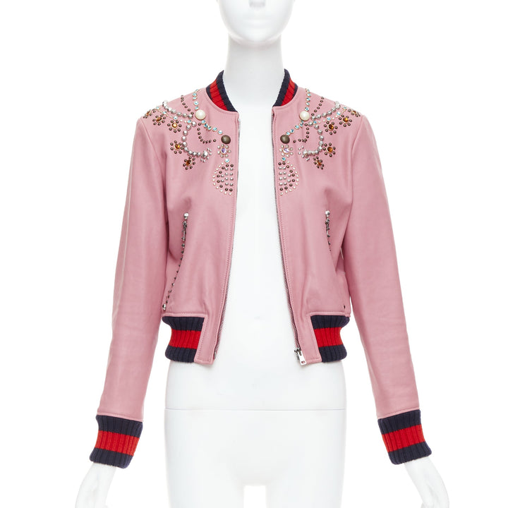 GUCCI pink lambskin pearl embellished web trim crop bomber IT40 S