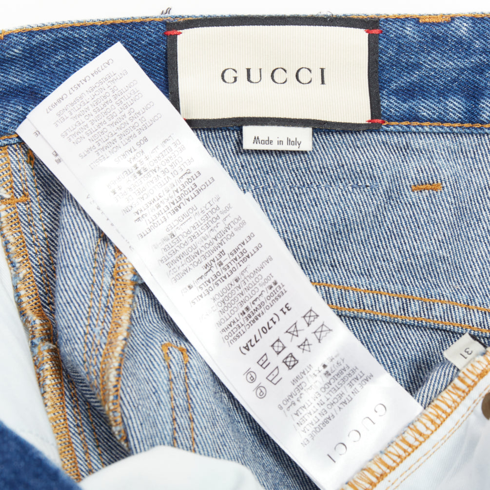 GUCCI blue cotton blend signature green red web trim straight leg jeans 31"