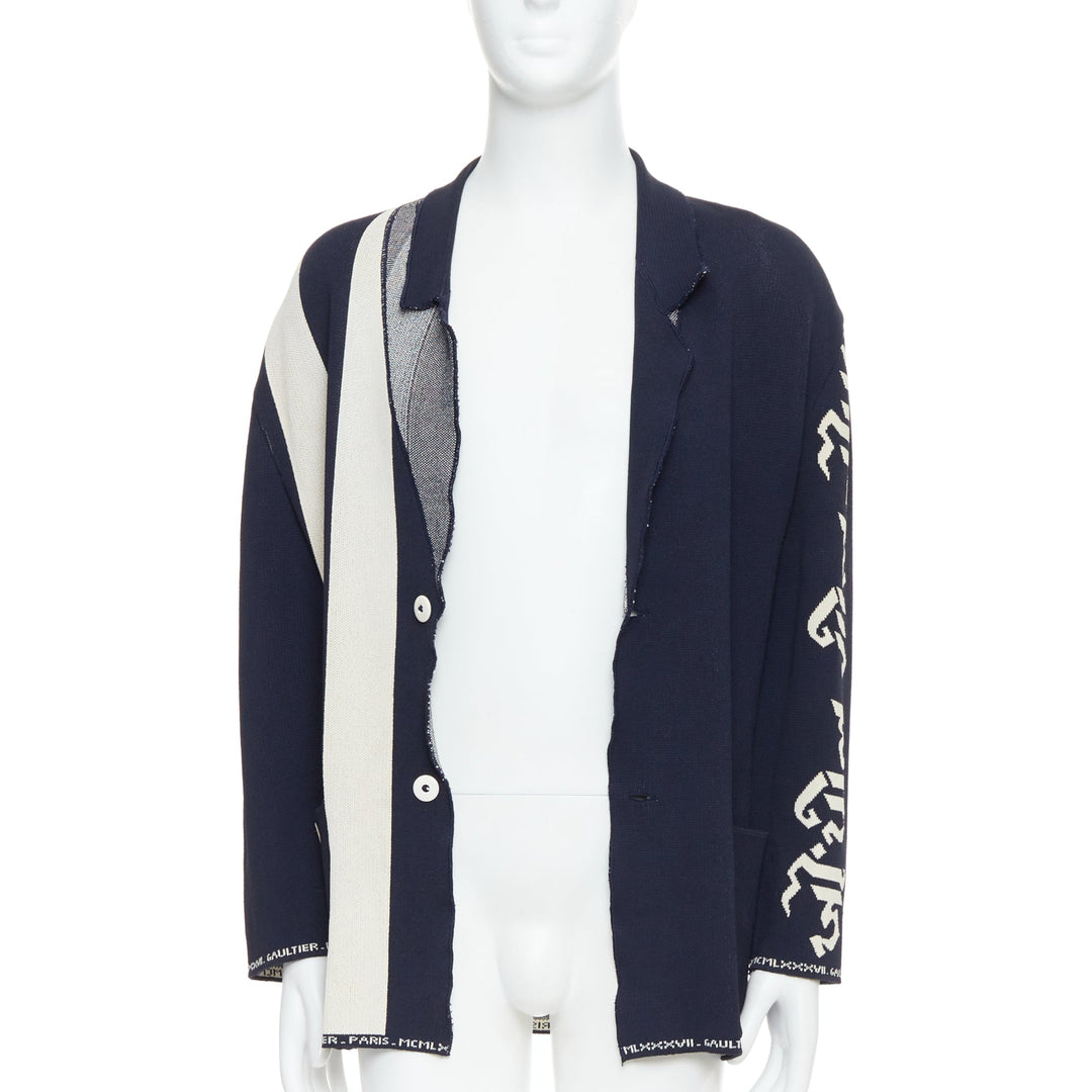 JEAN PAUL GAULTIER EQUATOR 1987 navy white heavy knit graphic jacket FR48 M