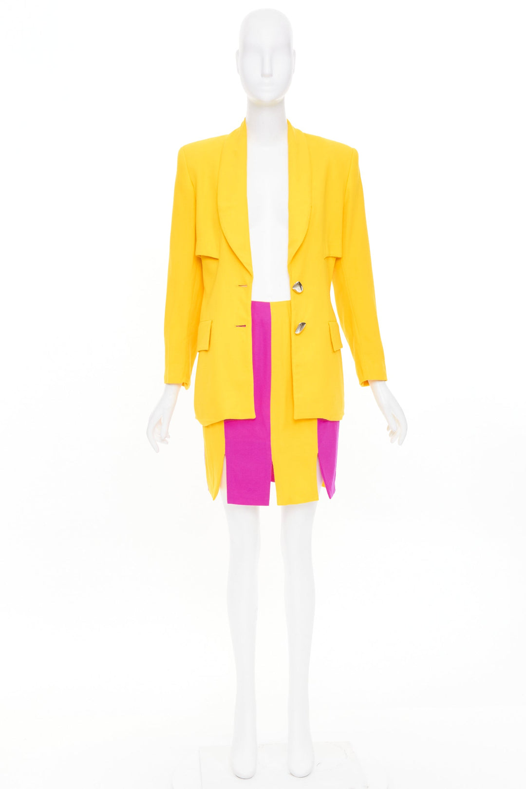 TAHARI Vintage yellow fuchsia block tiered blazer skirt suit set US 6 M