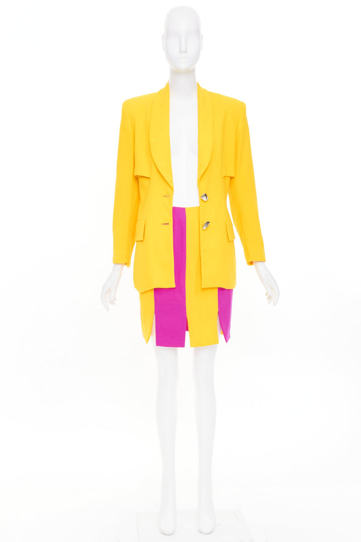 TAHARI Vintage yellow fuchsia block tiered blazer skirt suit set US 6 M