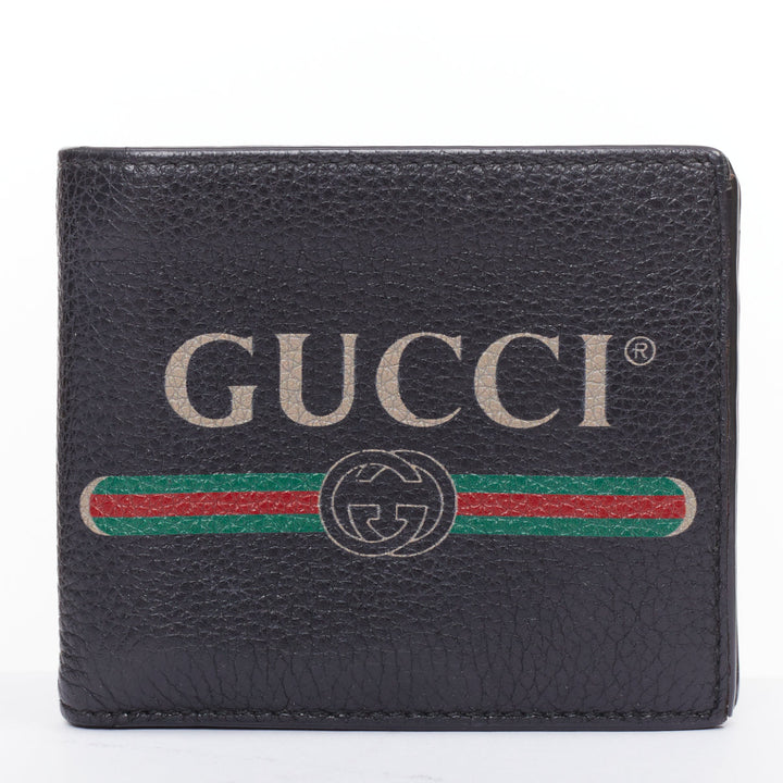 GUCCI black grained leather vintage logo bifold wallet