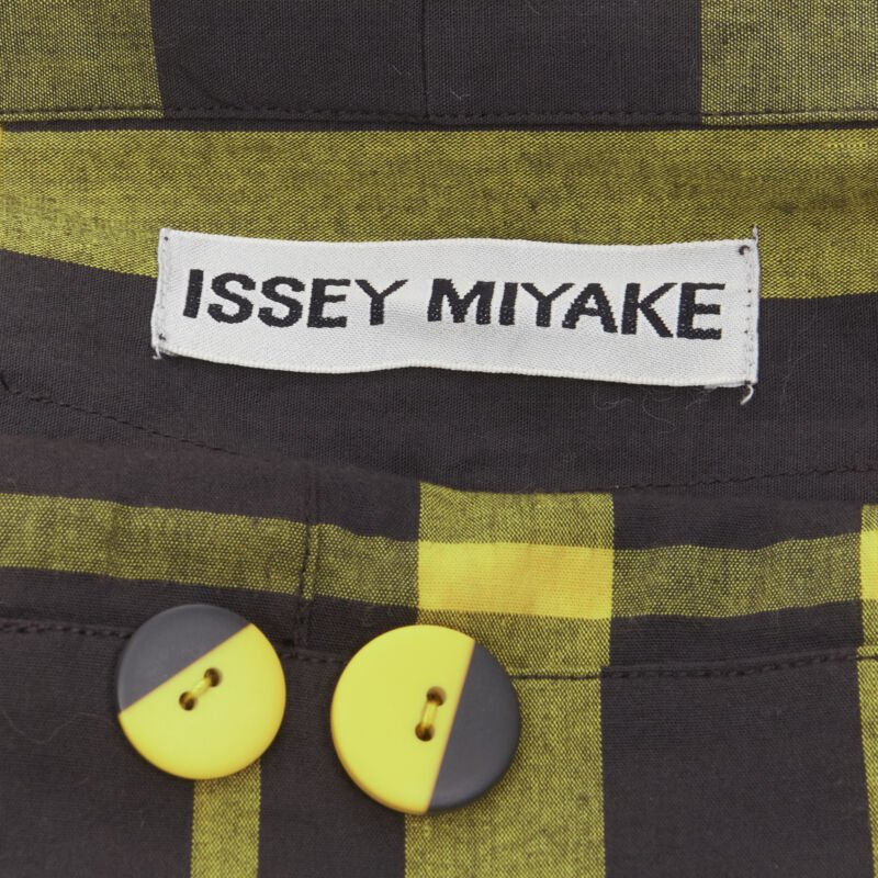 ISSEY MIYAKE Vintage black yellow check plaid cotton stand collar shirt S Rare