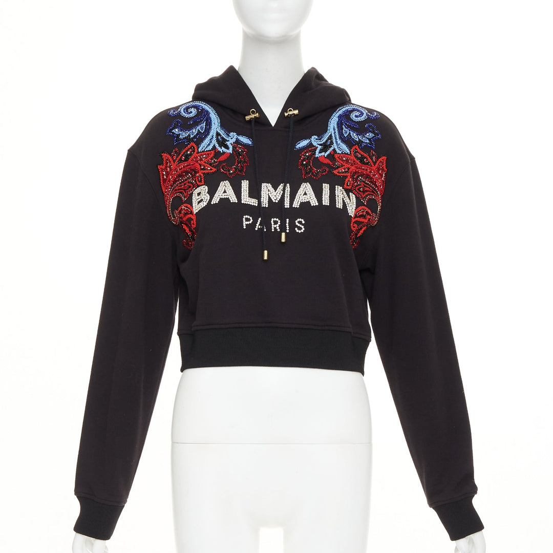 BALMAIN crystal rhinestone bead baroque logo black cropped fleece hoodie XXS