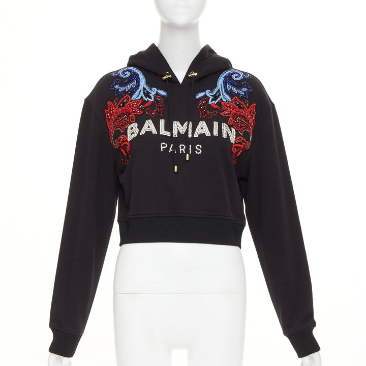 BALMAIN crystal rhinestone bead baroque logo black cropped fleece hoodie XXS